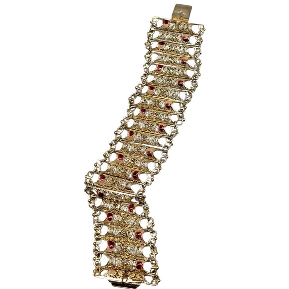 Electroplated Gold on 800 Silver Filigree Panel Bracelet Red White Accents 7.25" - Picture 7 of 15